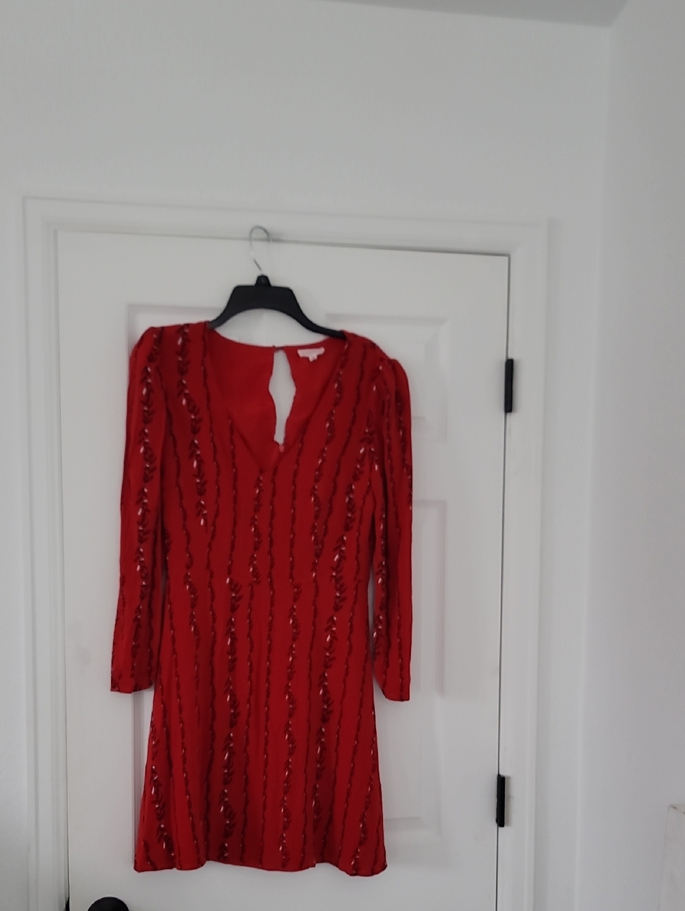 Red Long-Sleeve Sequin-Trim V-Neck Dress
